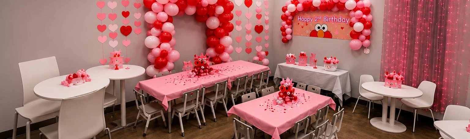 Pink hearts birthday party room setup with balloon arch and decorated tables