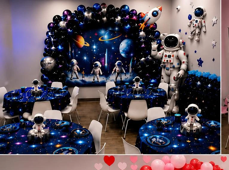 Space-themed birthday party setup with galaxy backdrop and astronaut decorations