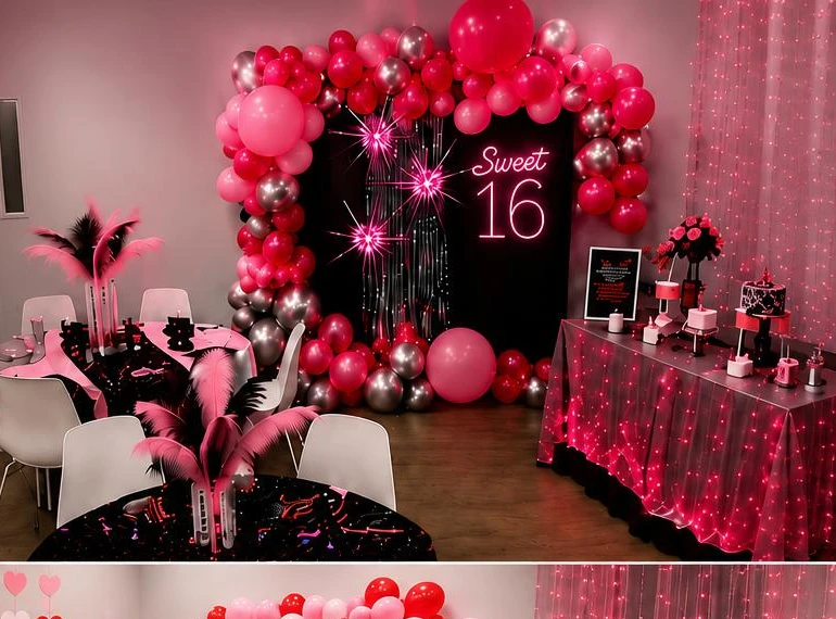 Sweet 16 party setup with hot pink balloon arch and elegant decor
